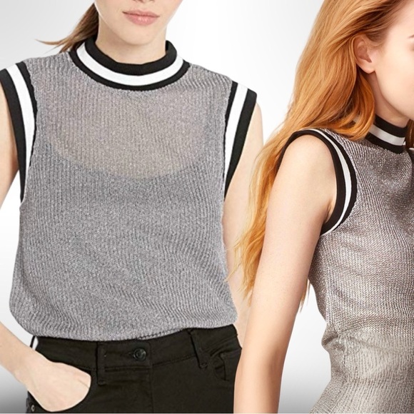 BB Dakota for Anthropologie Metallic Lurex Knit Varsity Tank Top | Silver | M - Picture 3 of 16